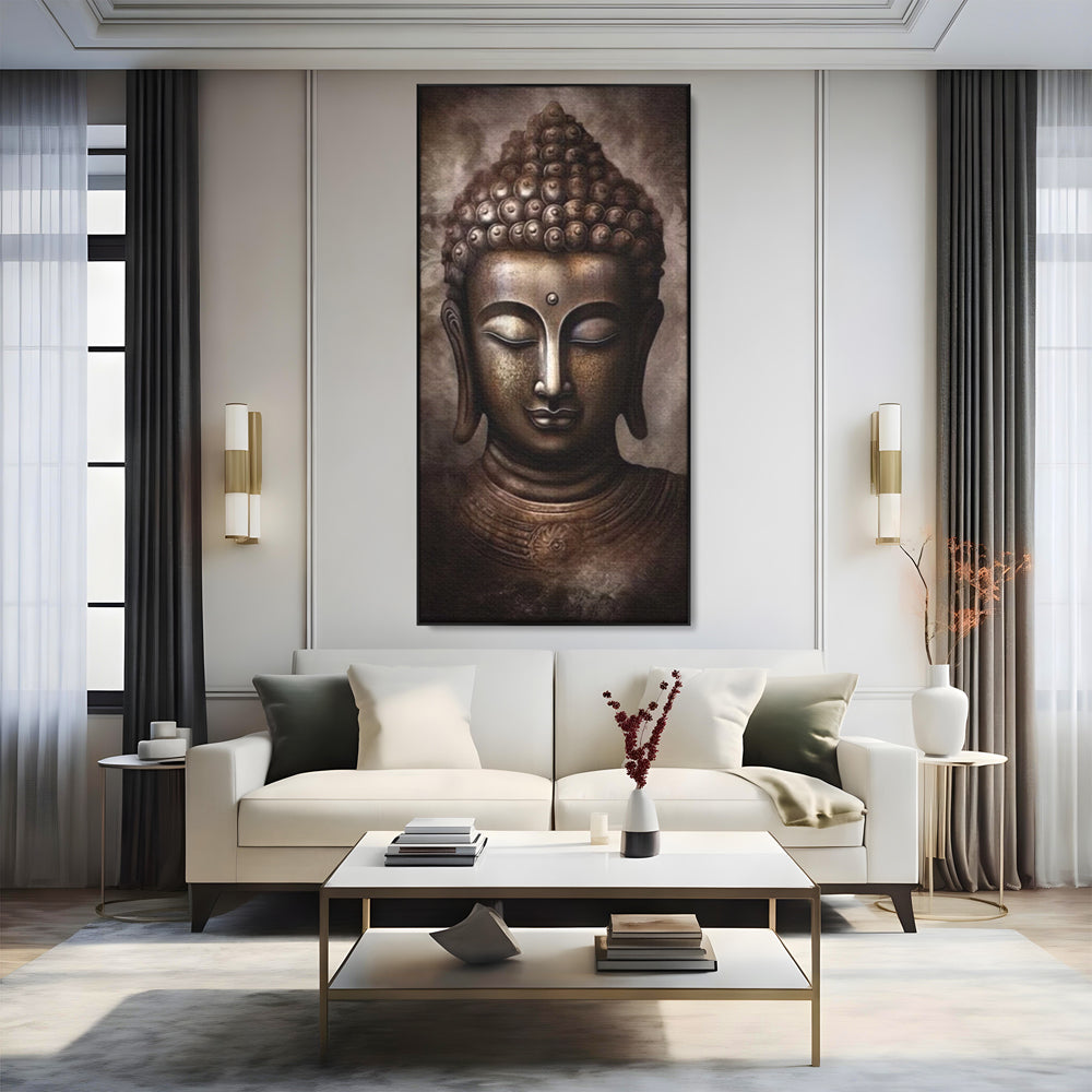 Tablou canvas cu tablou canvas cu portret buddha, in rama de aluminiu negru, pe perete intr-un living